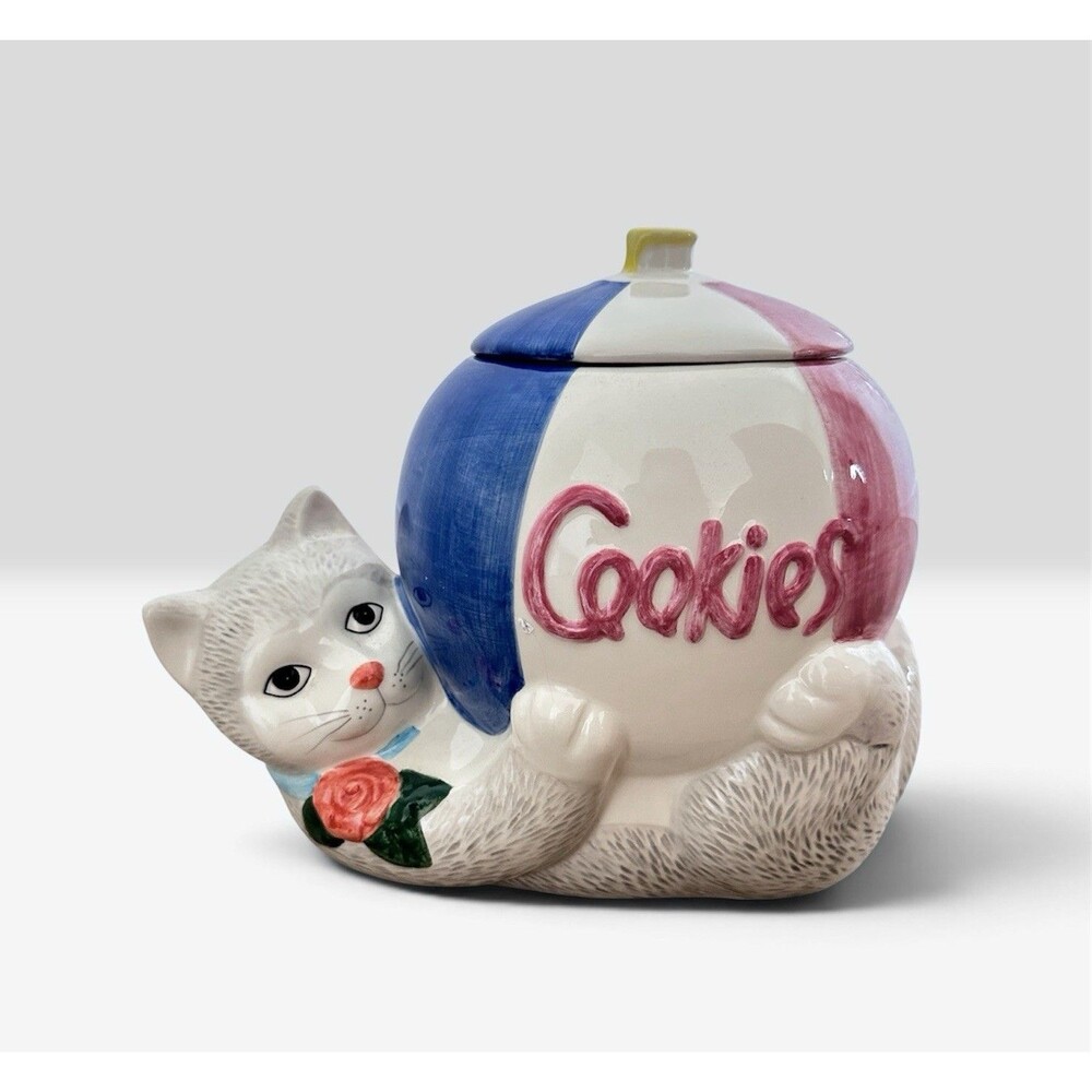 Vintage Kitty Cat Kitten Cookie Jar Holding Beach Ball Playful Cookies Ceramic